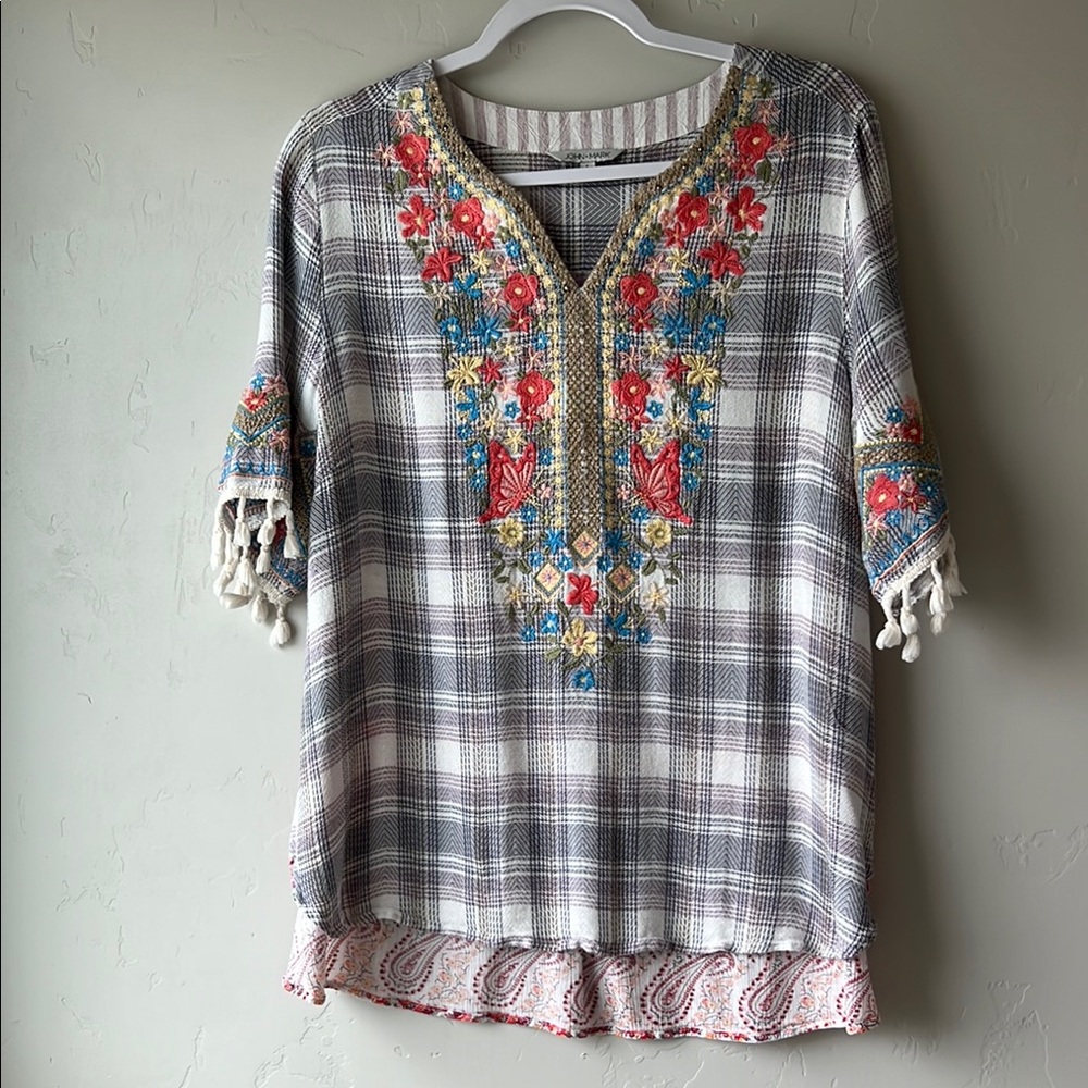 John Mark Embroidered Plaid Women's Top